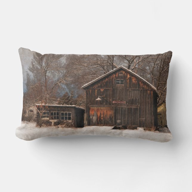 Rustic Barn & Cottage Vintage Snow Scene Lumbar Pillow (Front)