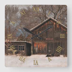 Rustic Barn & Cottage Vintage Snow Scene Square Wall Clock