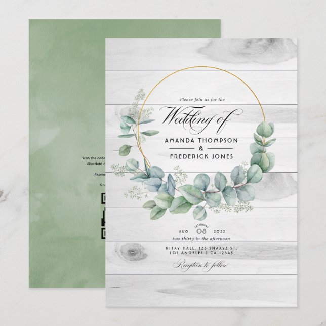 Rustic Barn Country Eucalyptus  QR Code Wedding Invitation (Front/Back)