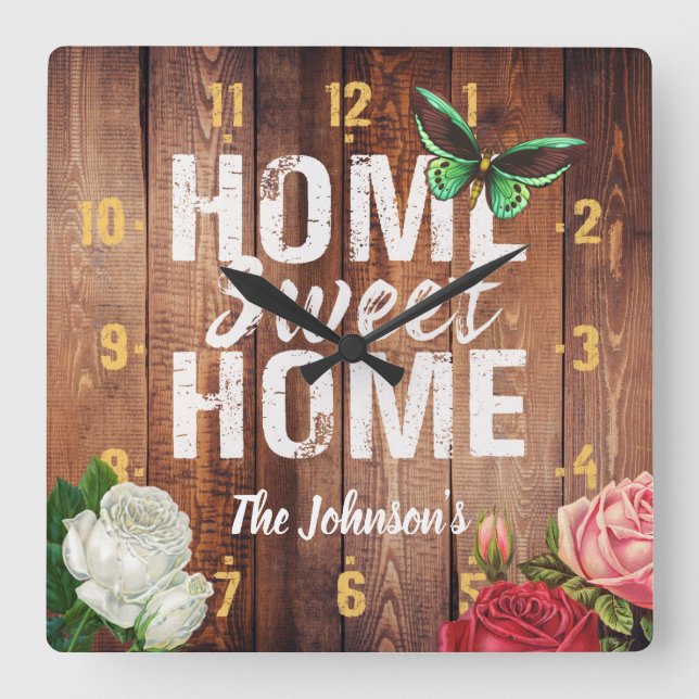 Rustic barn dark wood "Home Sweet Home" design, Square Wall Clock (Front)