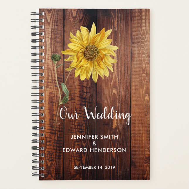 Rustic barn dark wood sunflower wedding planner (Front)