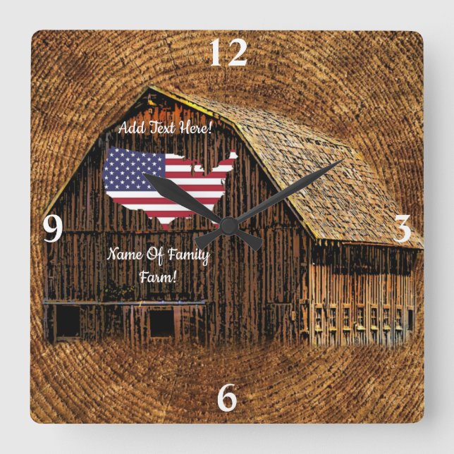 Rustic Barn Drapeau américain Carré Horloge murale (Recto)