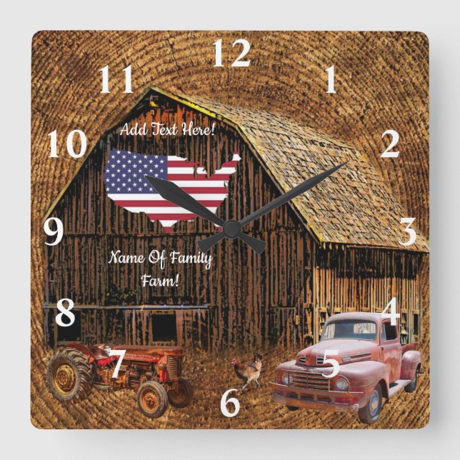 Rustic Barn Drapeau américain Carré Horloge murale (Recto)