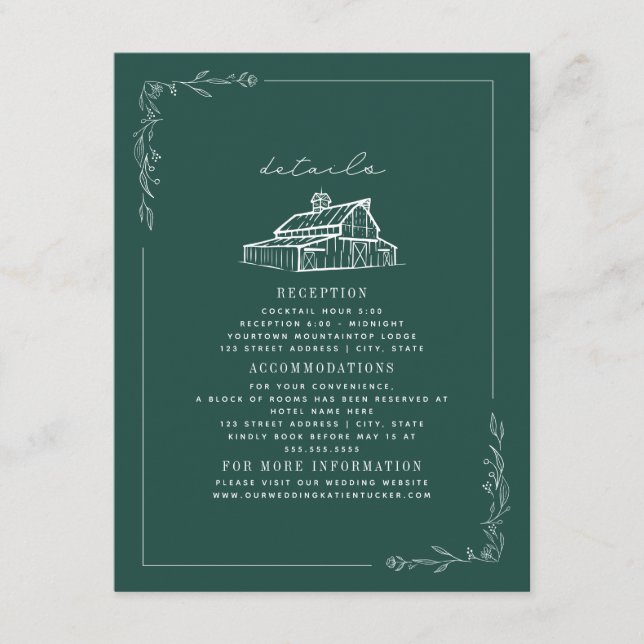 Rustic Barn Emerald Green Fall Wedding Details Enclosure Card (Front)