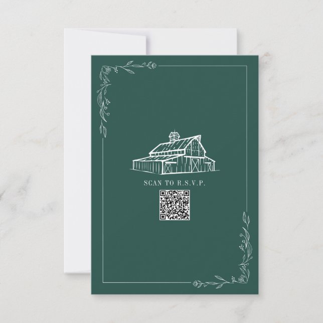 Rustic Barn Emerald Green QR Code Wedding RSVP (Front)