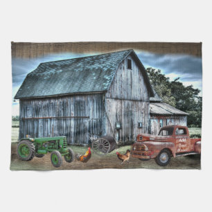 Rustic Barn Farm Truck Tractor Rooster Hen Kitchen Towel