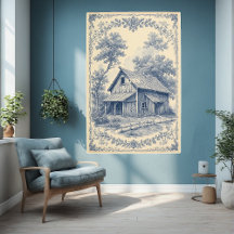 Rustic Barn French Blue Toile Landscape Vintage 