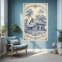 Rustic Barn French Blue Toile Landscape Vintage