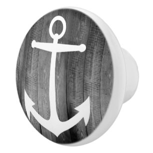 Rustic Barn Grey Wood Planks White Nautical Anchor Ceramic Knob