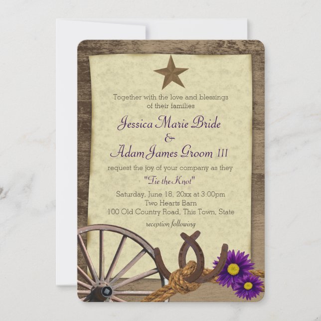 Rustic Barn Horseshoes and Purple Daisies Invitation (Front)