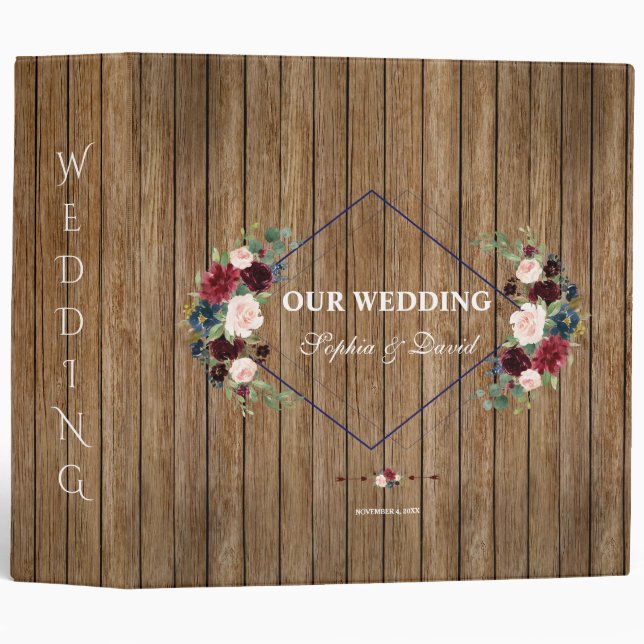 Rustic Barn Merlot Navy Blue Floral Wedding Album Binder (Front/Spine)