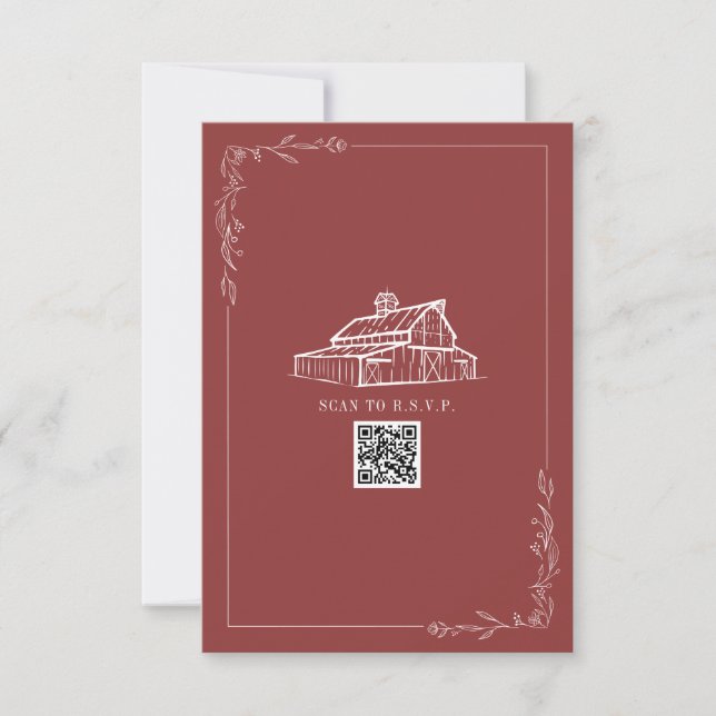 Rustic Barn Muted Red QR Code Wedding RSVP (Front)