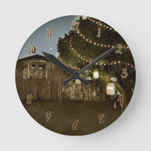 Rustic Barn Night Sky Lights & Mason Jars Round Clock