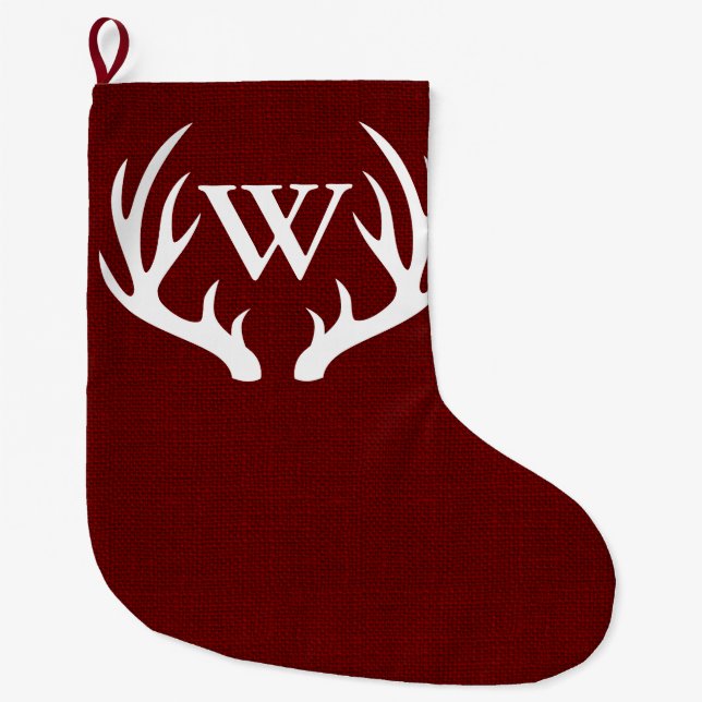 Rustic Barn Red White Deer Antlers - Personalized Large Christmas Stocking (Front)