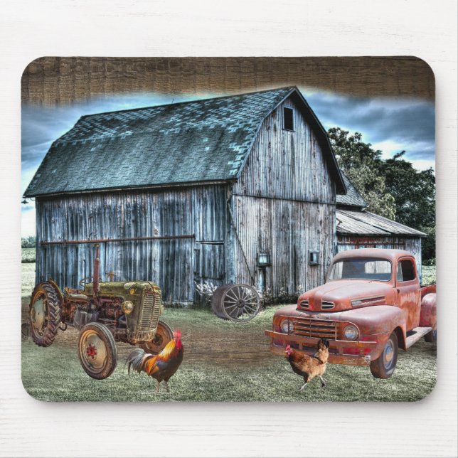Rustic Barn Rooster Hen Farm Truck Mouse Pad (Front)