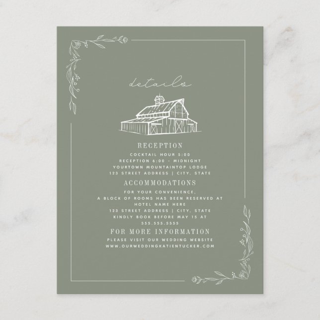 Rustic Barn Sage Green Fall Wedding Details Enclosure Card (Front)
