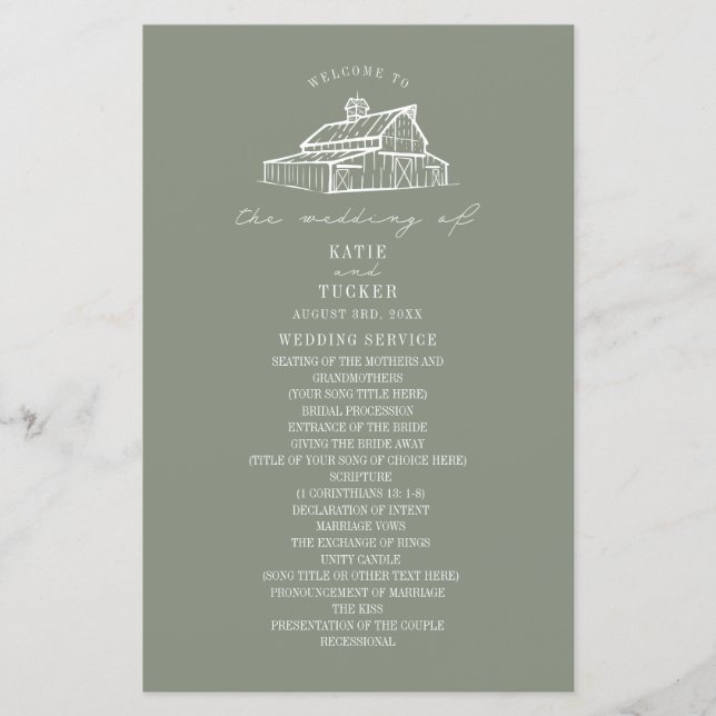 Rustic Barn Sage Green Farm Wedding Program (Front)