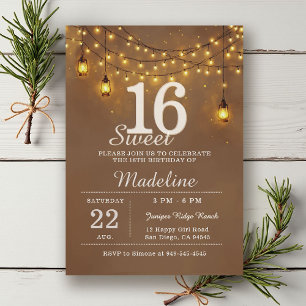 Rustic Barn String Lights Glow Lanterns Sweet 16 Invitation