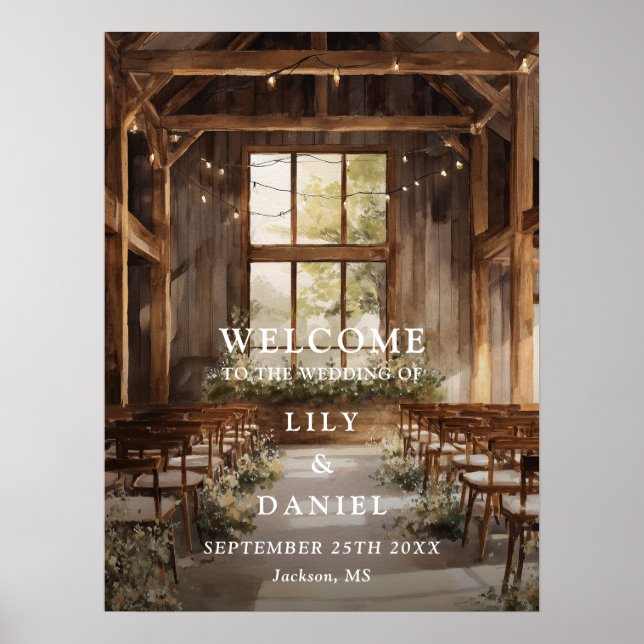 Rustic Barn String Lights Wedding Welcome Sign (Front)