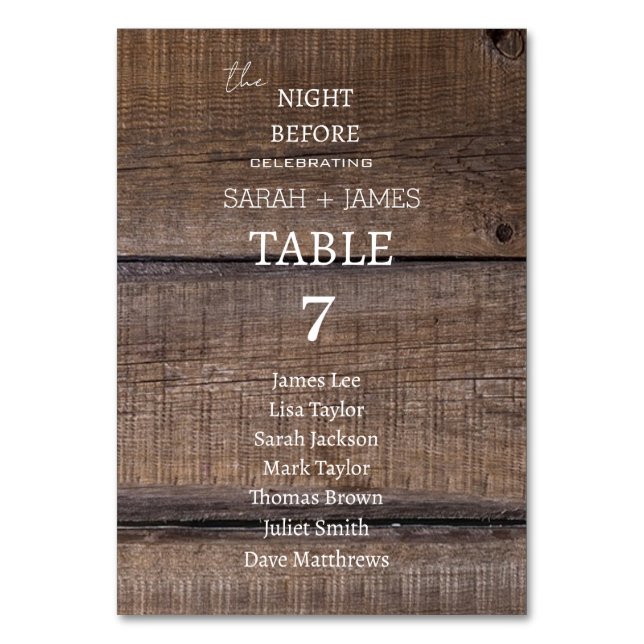 Rustic Barn the Night Before Wedding Seating Chart Table Number (Front)