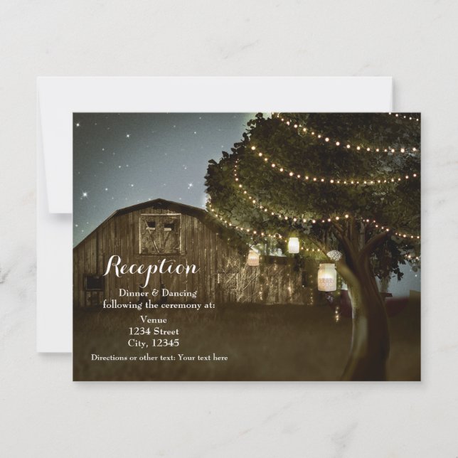 Rustic Barn & Tree Lights Wedding Reception Card (Front)