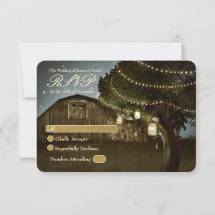 Rustic Barn & Tree Lights Wedding RSVP Card