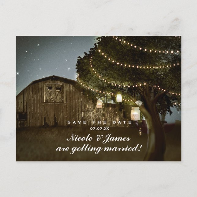 Rustic Barn & Tree Lights Wedding Save The Date Announcement Postcard (Front)