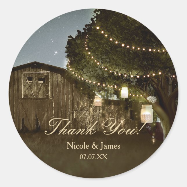 Rustic Barn & Tree Lights Wedding Stickers (Front)