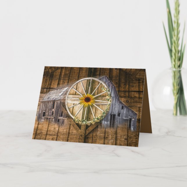Rustic Barn Wagon Wheel Sunflower Card (Front)
