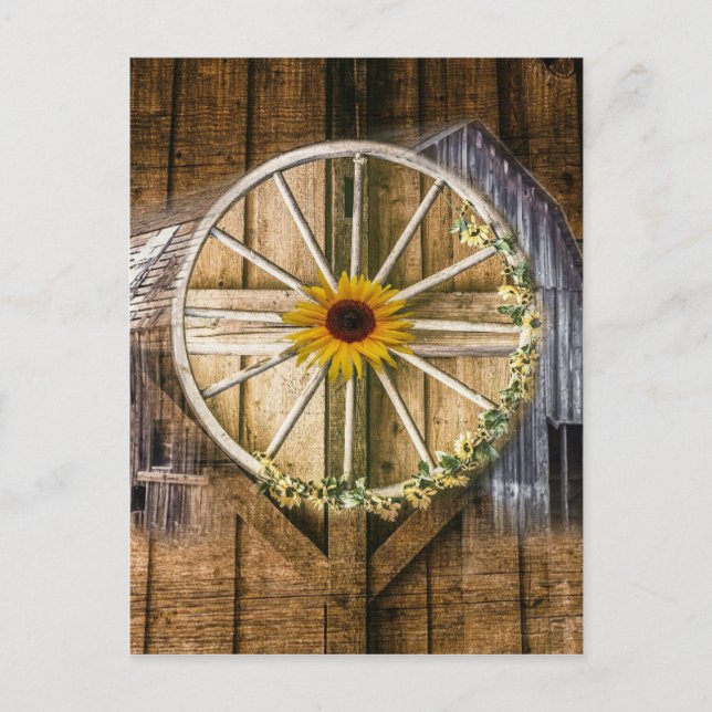 Rustic Barn Wagon Wheel Sunflower Holiday Postcard (Front)