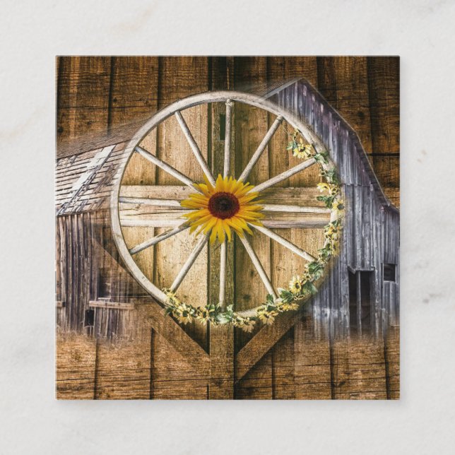 Rustic Barn Wagon Wheel Sunflower Square Business Card (Front)