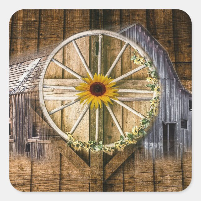 Rustic Barn Wagon Wheel Sunflower Square Sticker (Front)