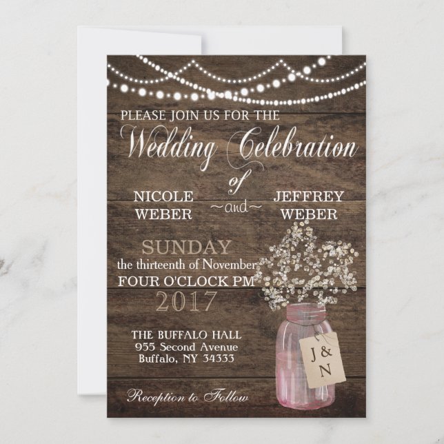 Rustic Barn Wedding Pink Mason Jar Babys Breath Invitation (Front)