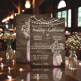 Rustic Barn Wedding Pink Mason Jar Babys Breath Invitation