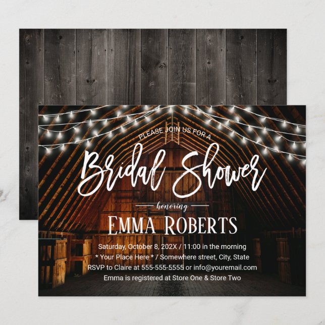 Rustic Barn Wedding String Lights Bridal Shower Invitation (Front/Back)