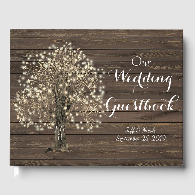 Rustic Barn Wedding String Lights Mason Jar Guest Book (Front)