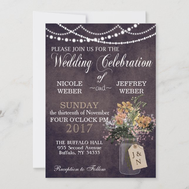 Rustic Barn Wedding String Lights Mason Jar Invitation (Front)