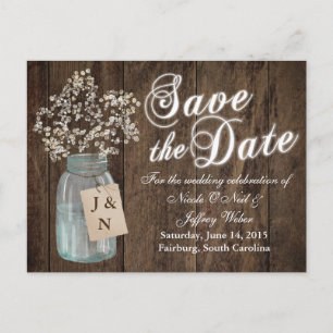 Rustic Barn Wedding Wood Mason Jar Babys Breath Announcement Postcard