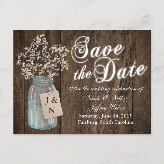 Rustic Barn Wedding Wood Mason Jar Babys Breath Announcement Postcard (Front)