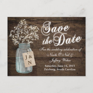 Rustic Barn Wedding Wood Mason Jar Babys Breath Announcement Postcard