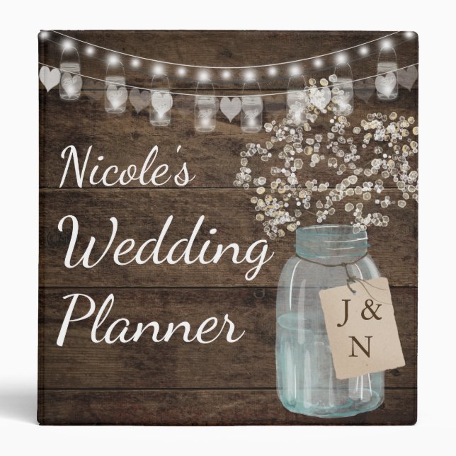 Rustic Barn Wedding Wood Mason Jar Babys Breath Binder (Front)