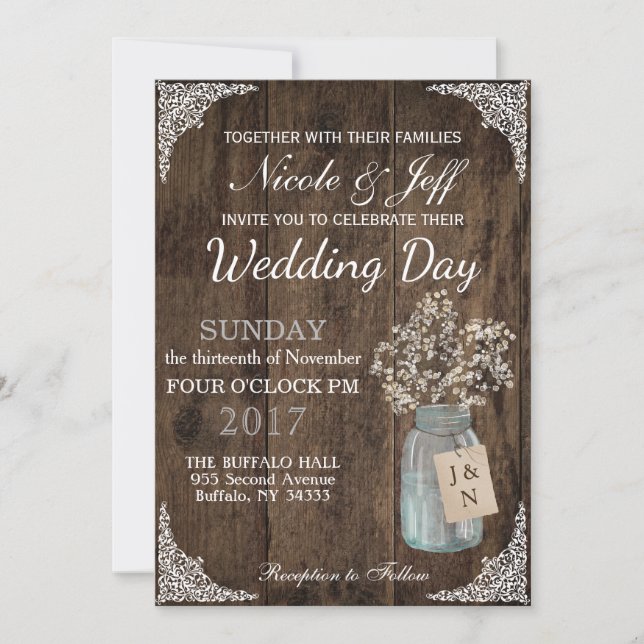 Rustic Barn Wedding Wood Mason Jar Babys Breath Invitation (Front)