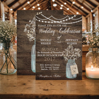 Rustic Barn Wedding Wood Mason Jar Babys Breath Invitation