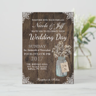 Rustic Barn Wedding Wood Mason Jar Babys Breath Invitation