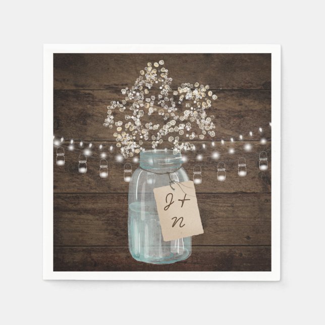 Rustic Barn Wedding Wood Mason Jar Babys Breath Napkin (Front)