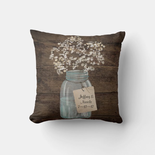 Rustic Barn Wedding Wood Mason Jar Babys Breath Throw Pillow (Front)