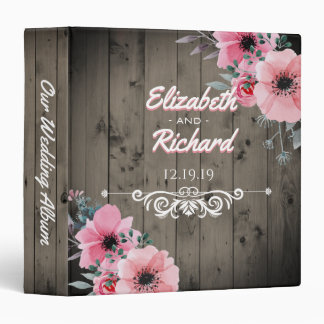 Rustic Barn Wedding Wood Pink Floral Monogram Binder