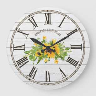 Rustic Barn White Grey Wood Sunflowers Kitchen Large Clock