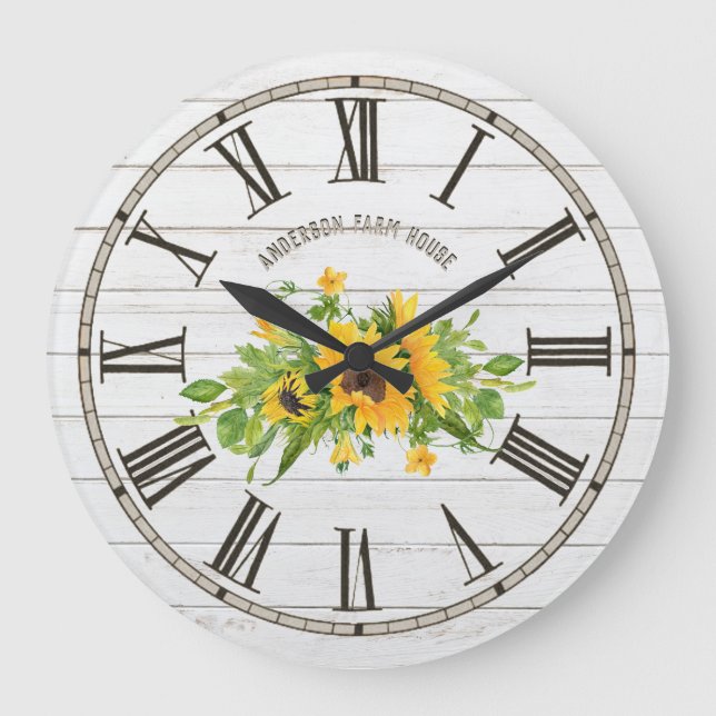 Rustic Barn White Grey Wood Sunflowers Kitchen Large Clock (Front)
