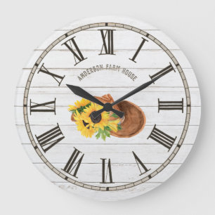 Rustic Barn White Wood Sunflowers Cowboy Hat Large Clock